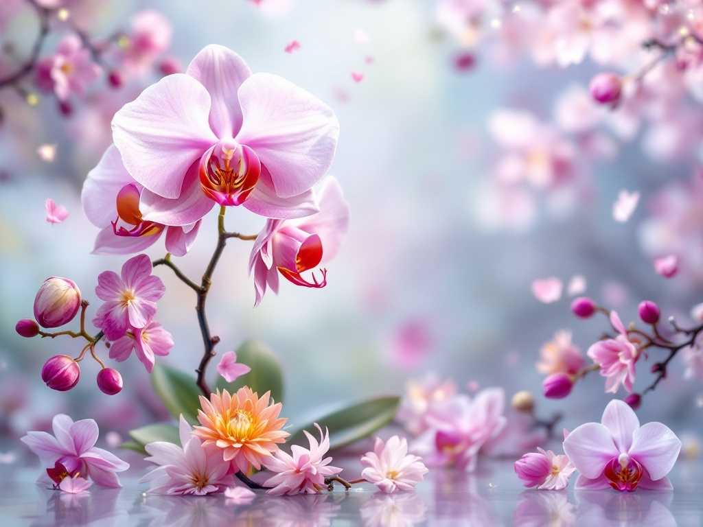 A beautiful arrangement of pink and yellow Phalaenopsis orchids with delicate blossoms and soft background.