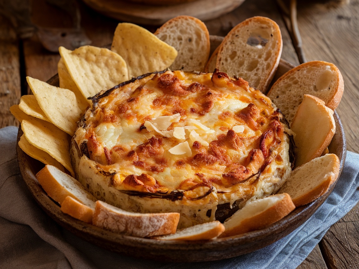 Baked French onion dip in a rustic dish with crispy chips and baguette slices on the side.