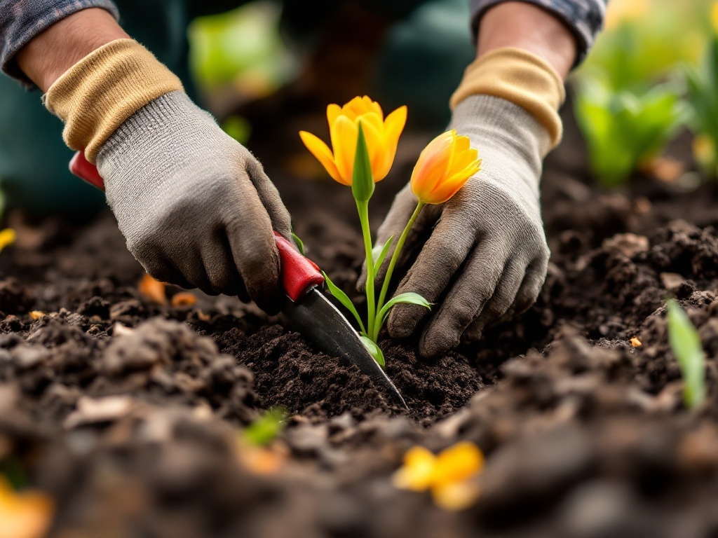 A gardener planting yellow tulip bulbs in the soil.