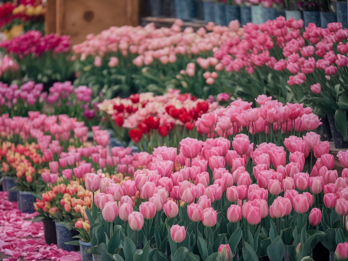 A vibrant display of pink tulips at a tulip festival, showcasing various shades and arrangements.