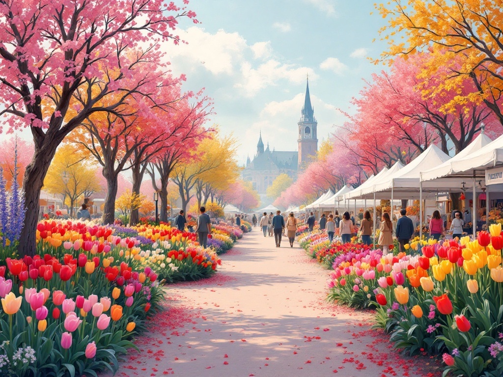 A vibrant tulip festival with colorful tulips and cherry blossom trees.