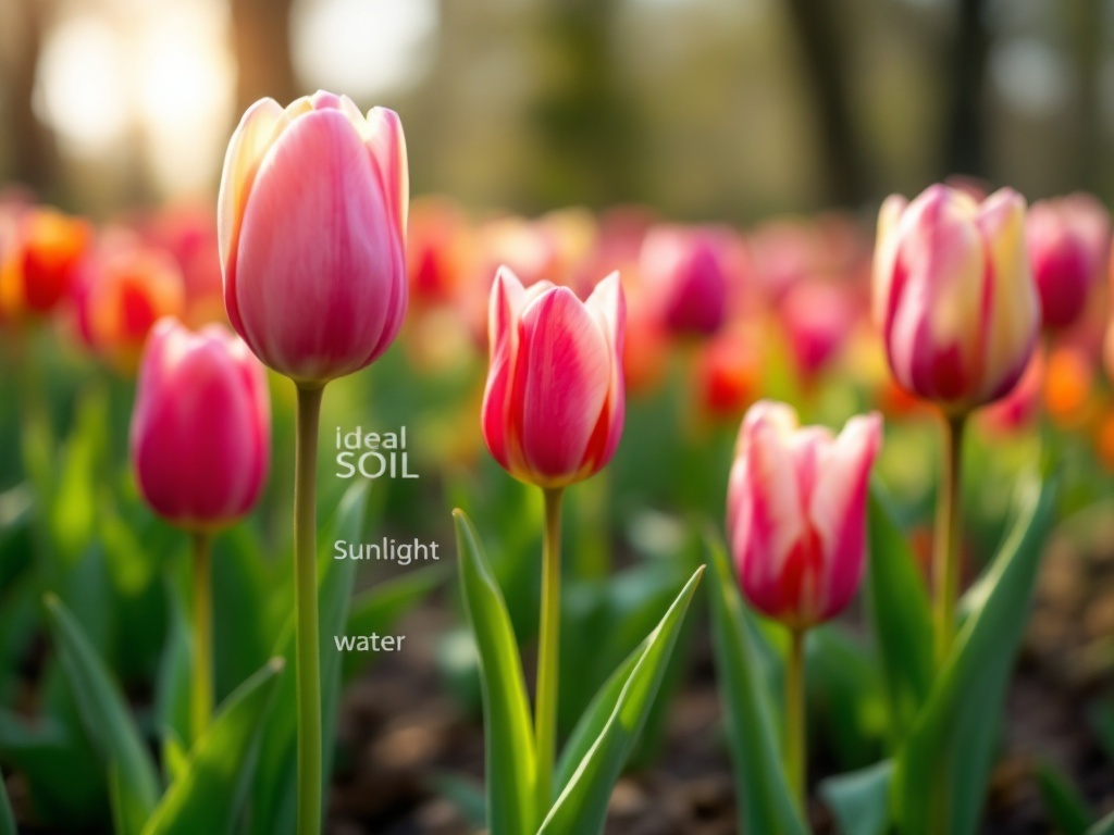 A field of blooming tulips in various shades of pink, showcasing their beauty and growth conditions.