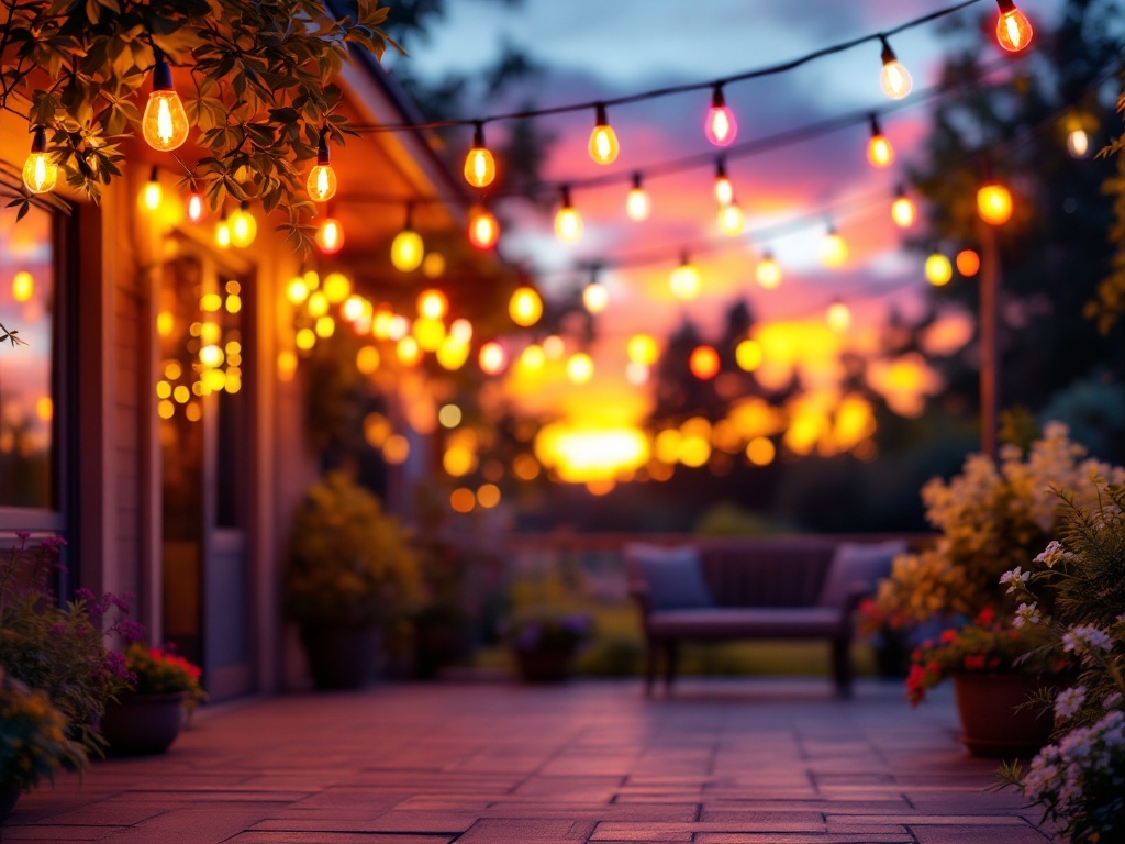 A patio adorned with colorful string lights glowing against a sunset backdrop.