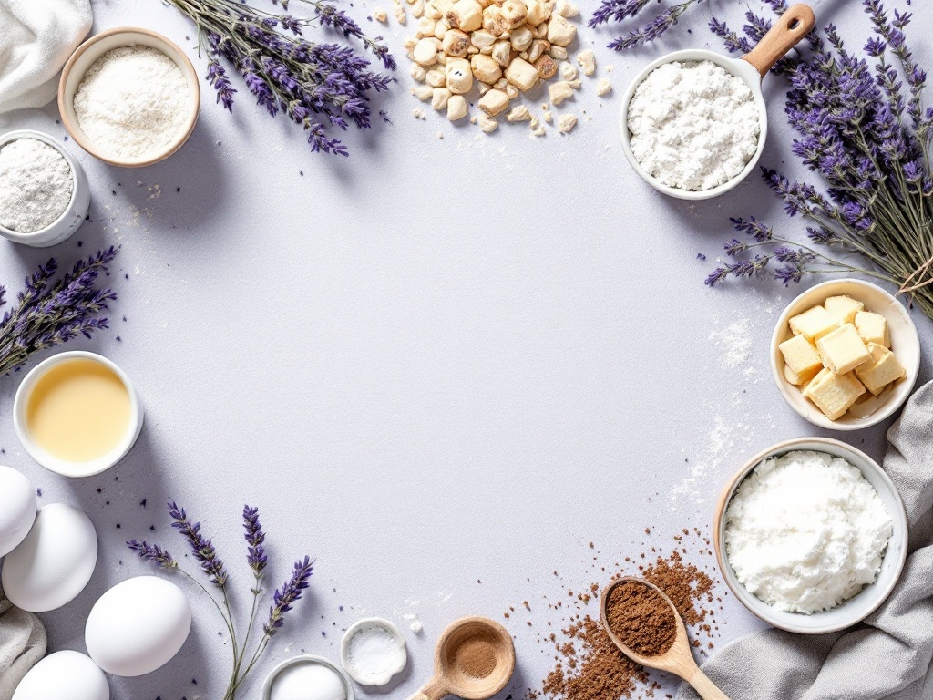 An arrangement of dried lavender, flour, sugar, eggs, and other baking ingredients on a countertop.