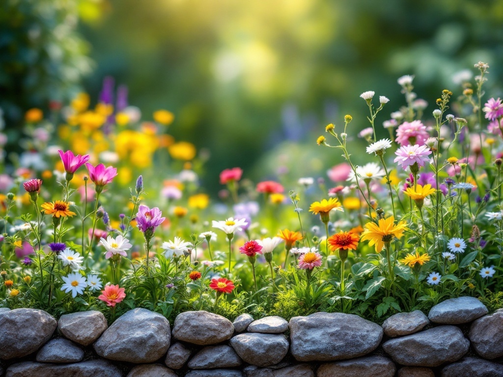 A colorful wildflower garden with a stone border