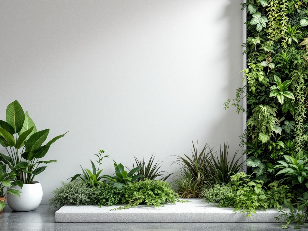 A modern vertical garden with lush green plants and a clean background.