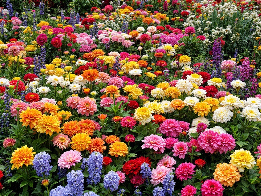 A vibrant flower bed with a mix of colorful flowers including zinnias and delphiniums.