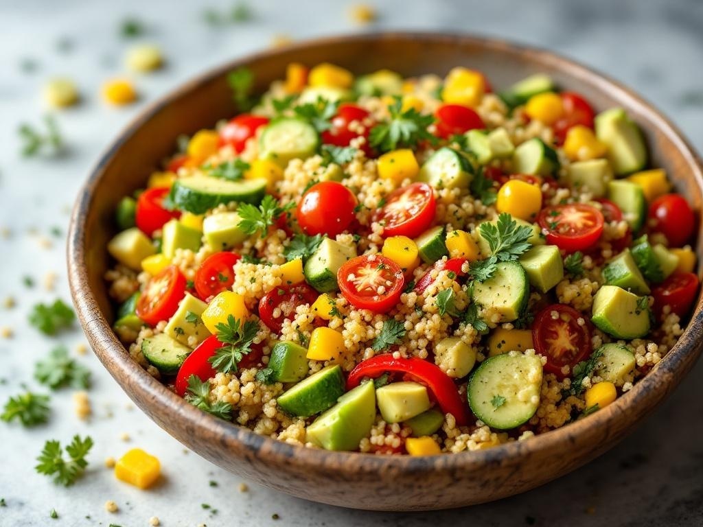 A colorful bowl of quinoa salad with cherry tomatoes, cucumbers, mango, and bell peppers.
