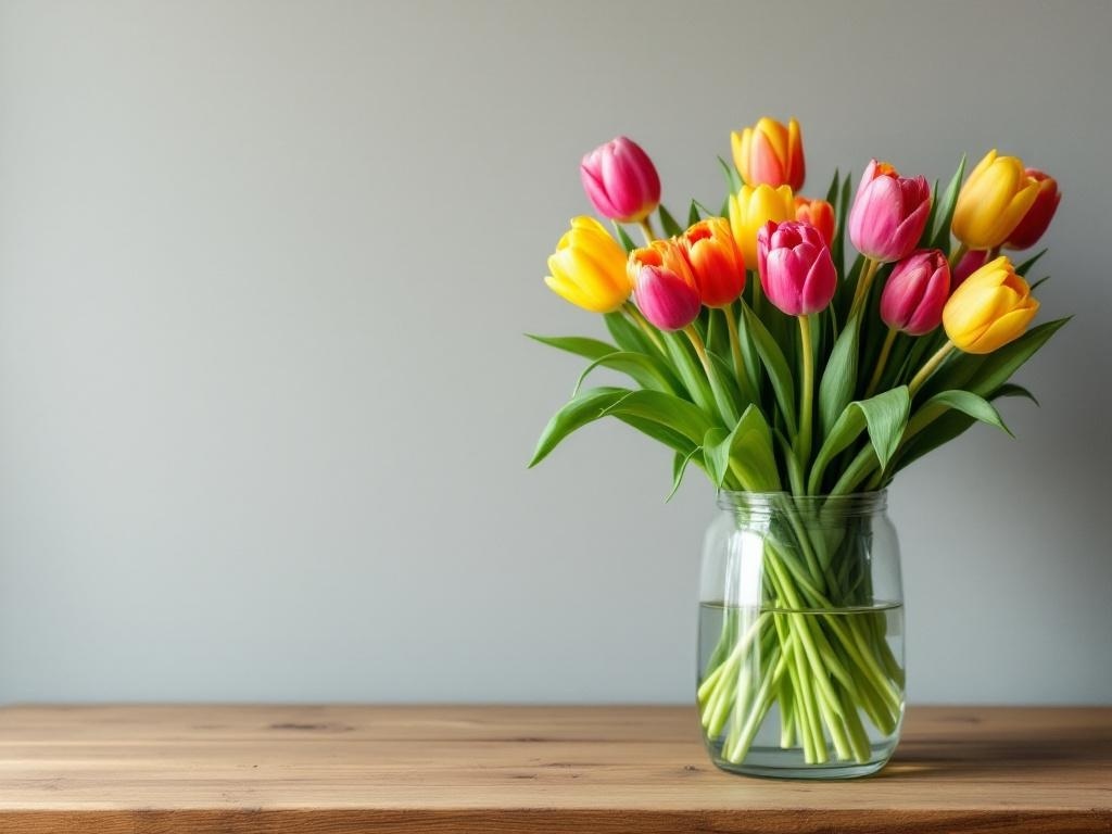 A vibrant arrangement of pink, yellow, and orange tulips in a glass vase on a wooden table.
