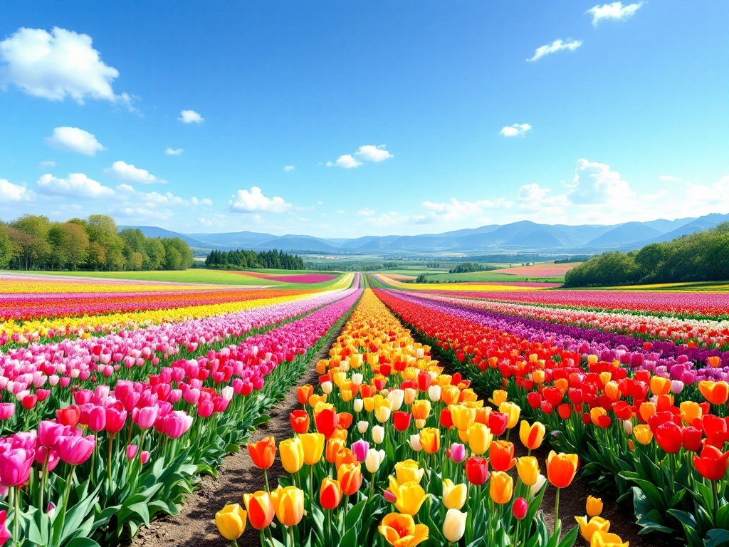 Vibrant tulip fields in full bloom with colorful flowers and a clear blue sky