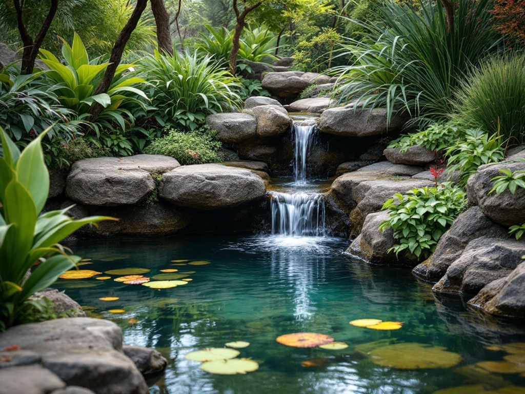 A serene water feature with a small waterfall and pond surrounded by lush greenery and rocks.