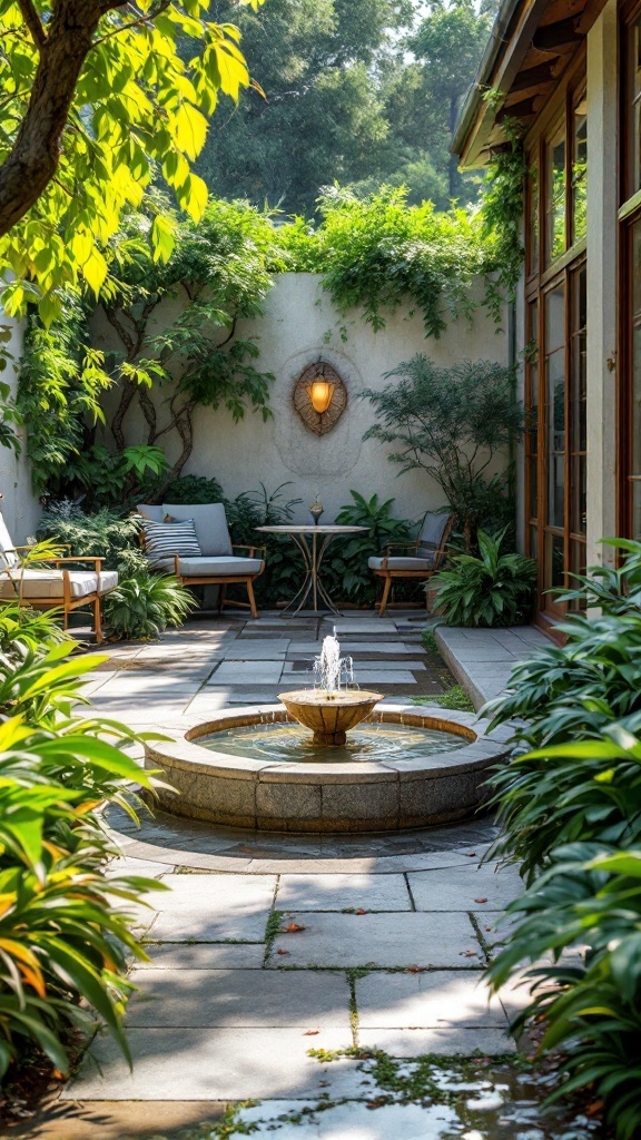 A serene terrace garden with a small fountain surrounded by lush greenery and seating.