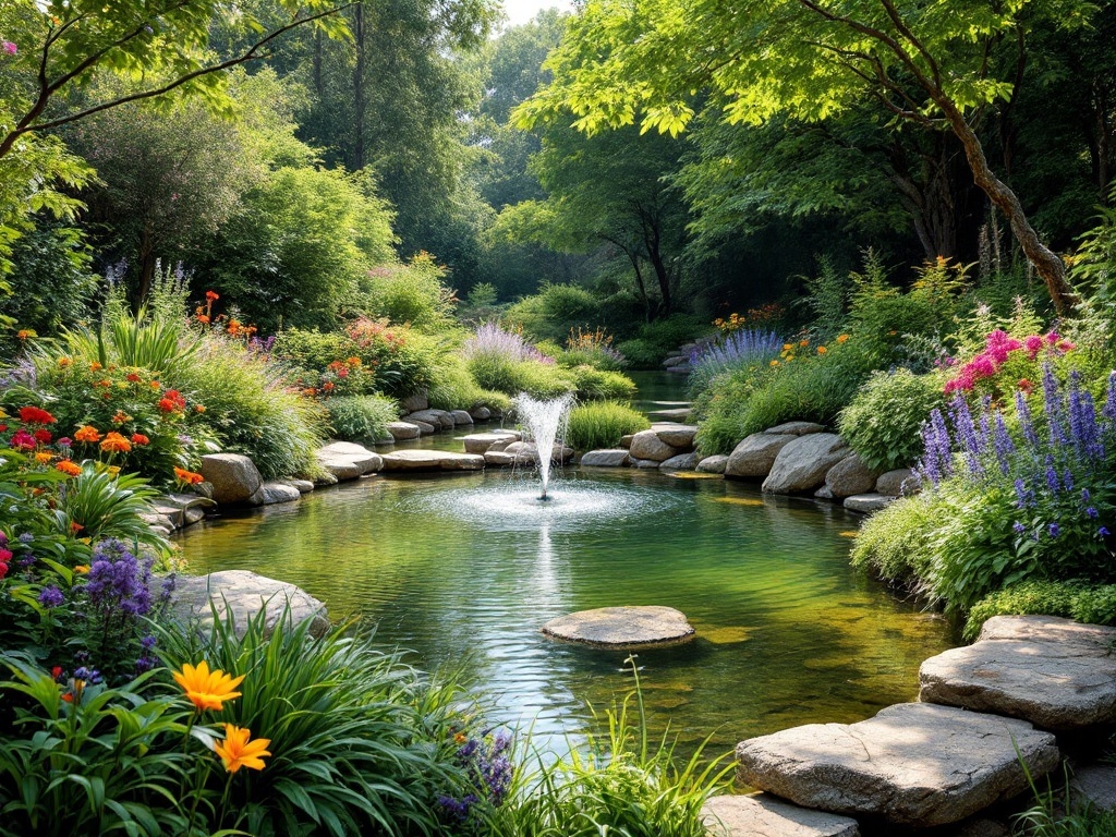 A peaceful garden with a pond, surrounded by colorful flowers and a fountain.
