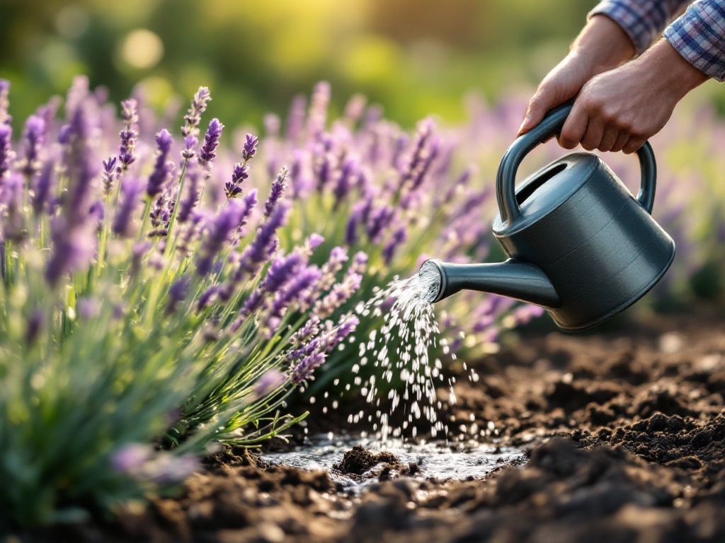 A person watering lavender plants with a watering can in a garden.