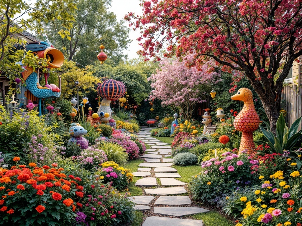 A vibrant garden with colorful statues, flowers, and whimsical decorations.