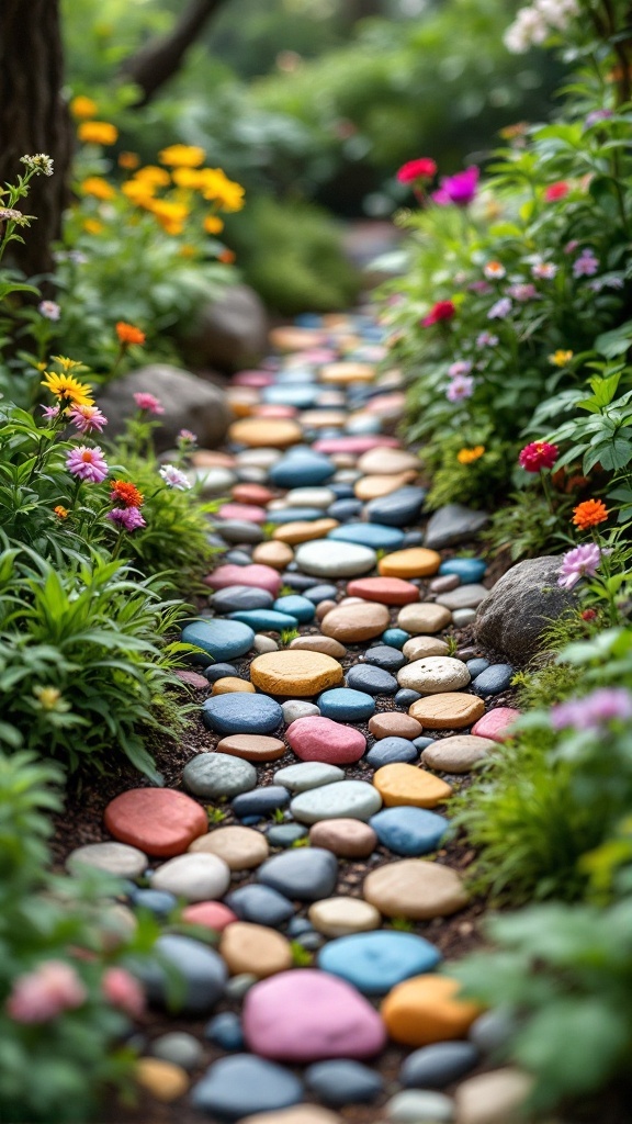 Colorful stone pathway in a garden surrounded by flowers