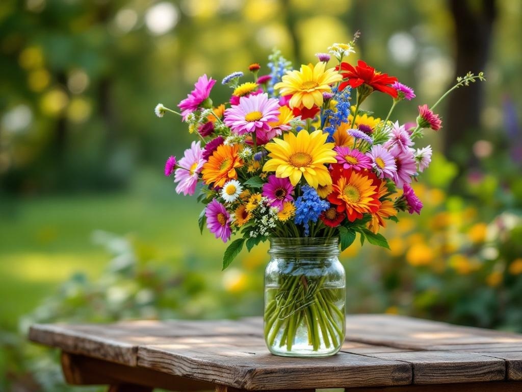 A colorful bouquet of wildflowers in a jar on a wooden table, set against a green background.