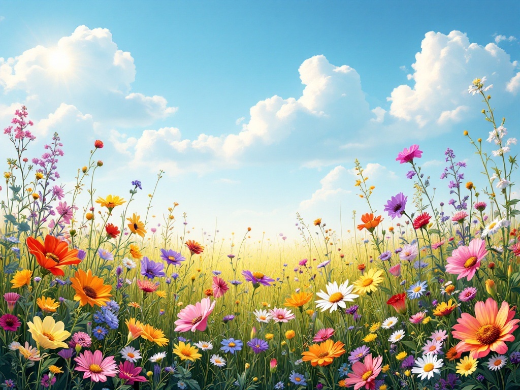 A vibrant wildflower meadow with a variety of colorful flowers under a blue sky.