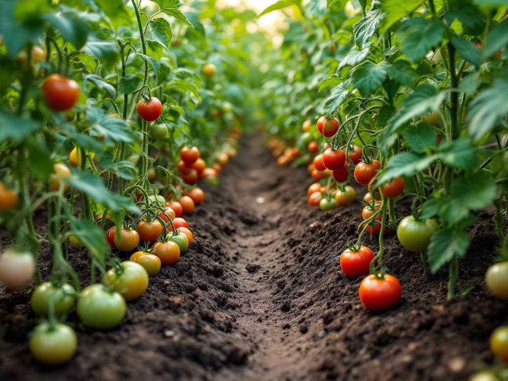 A close-up view of tomato plants with ripe and unripe tomatoes growing in a garden.
