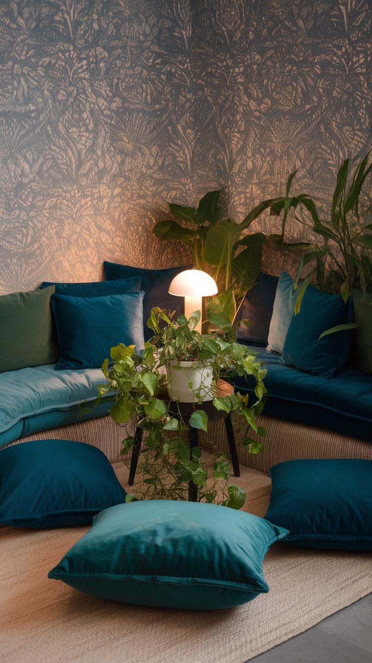 Cozy corner living room with blue cushions, plants, and soft lighting.