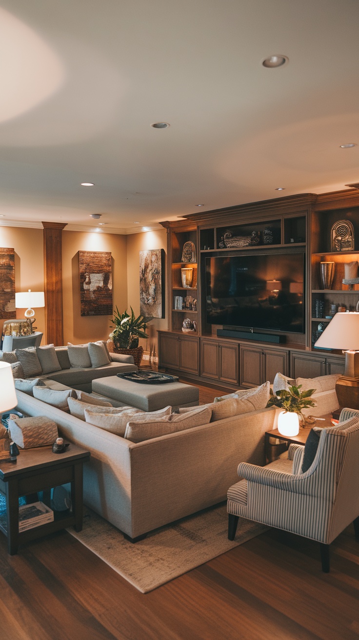 A cozy living room with a sectional sofa, an entertainment center, and a warm ambiance.