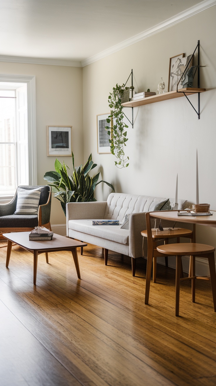 A cozy living room featuring a light-colored sofa, wooden coffee table, and plants, promoting flow and accessibility.