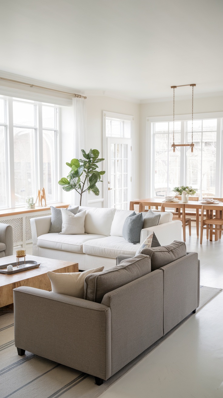 A spacious living room with a sectional sofa, coffee table, and dining area, featuring large windows for plenty of natural light.