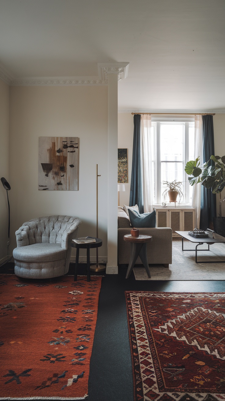 A cozy living room with area rugs defining different zones.