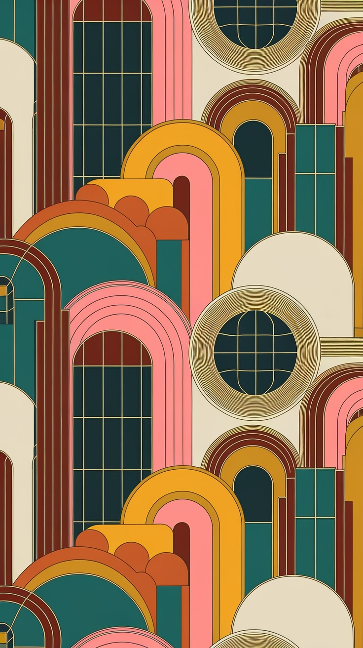 An Art Deco inspired pattern featuring bold colors and geometric shapes.