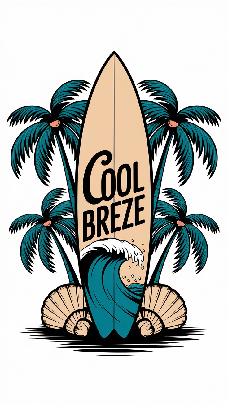 A t-shirt design featuring a surfboard with the text 'Cool Breeze', surrounded by palm trees and waves.