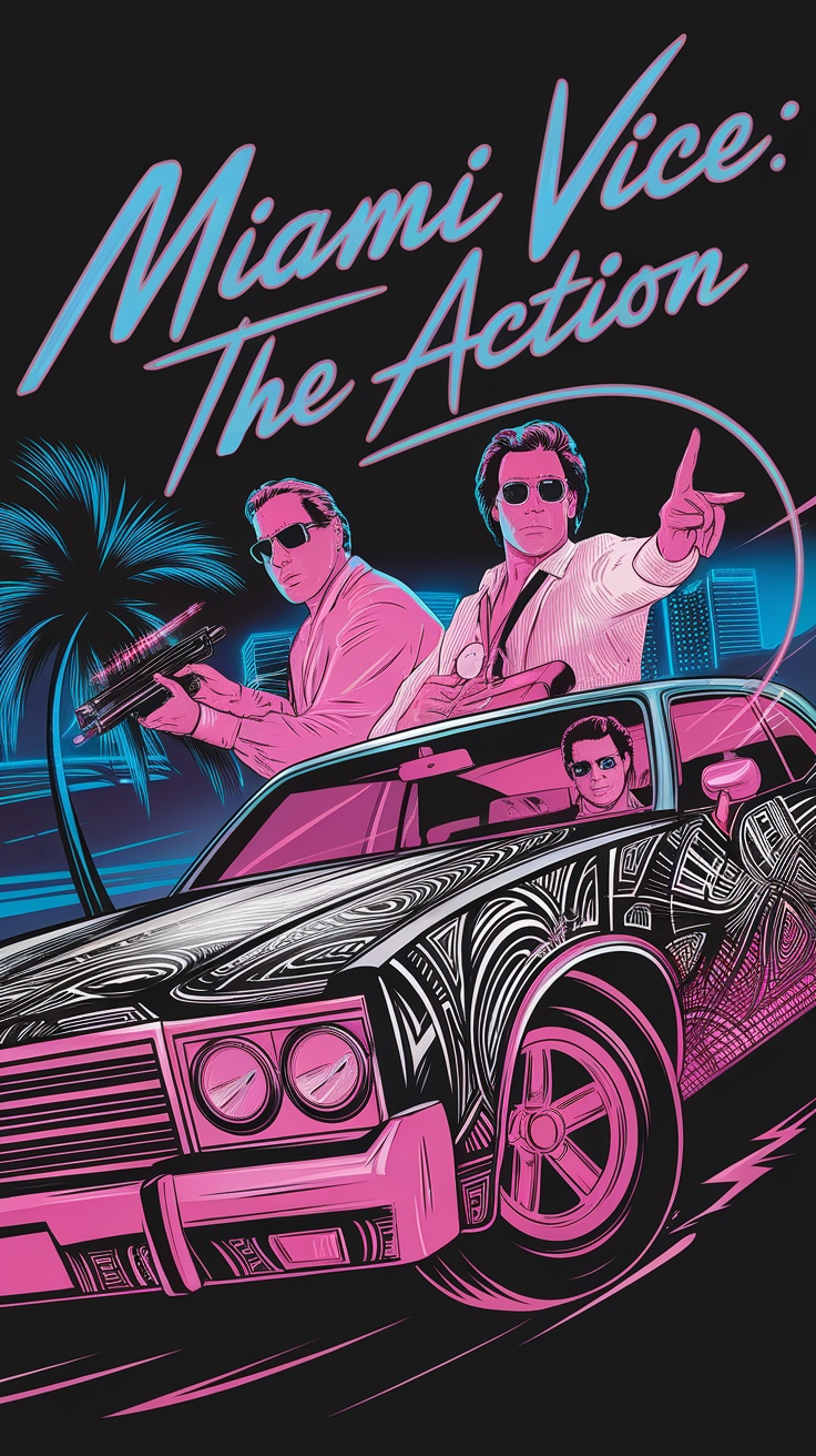 Miami Vice characters in action with a retro style