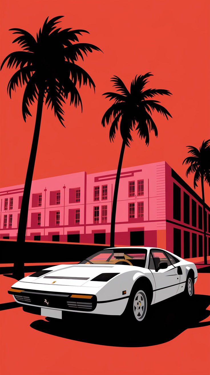 Illustration of a white retro car in front of palm trees and a pink building, reflecting Miami Vice style.