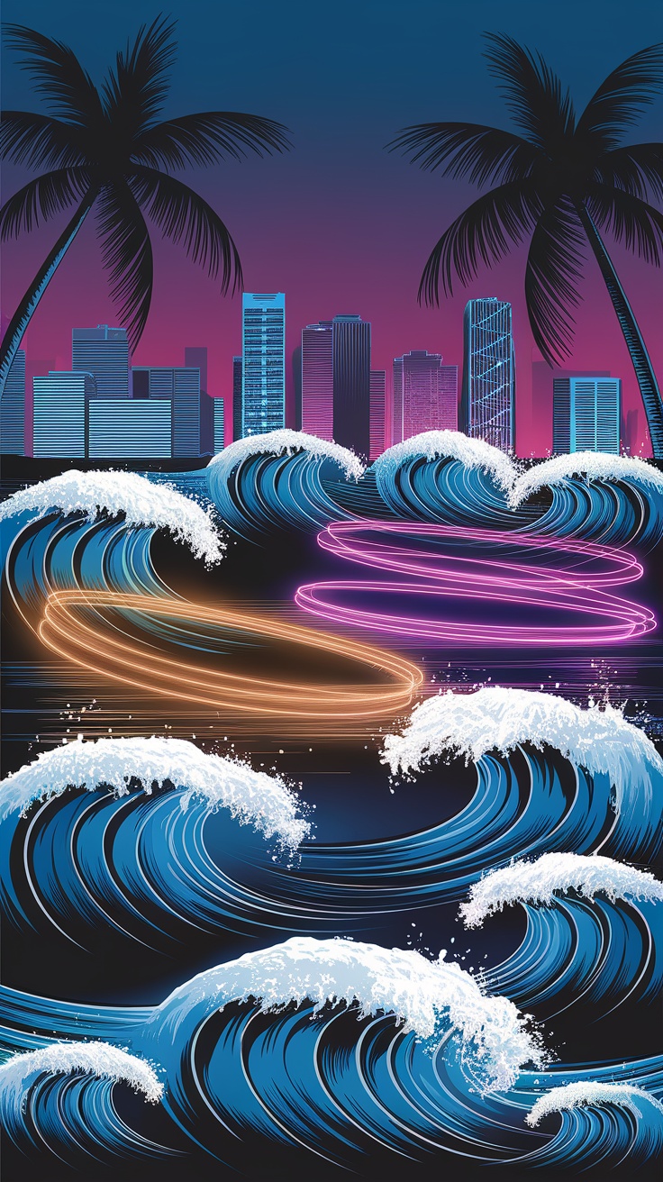 A colorful design featuring neon lights and ocean waves with a Miami skyline in the background.