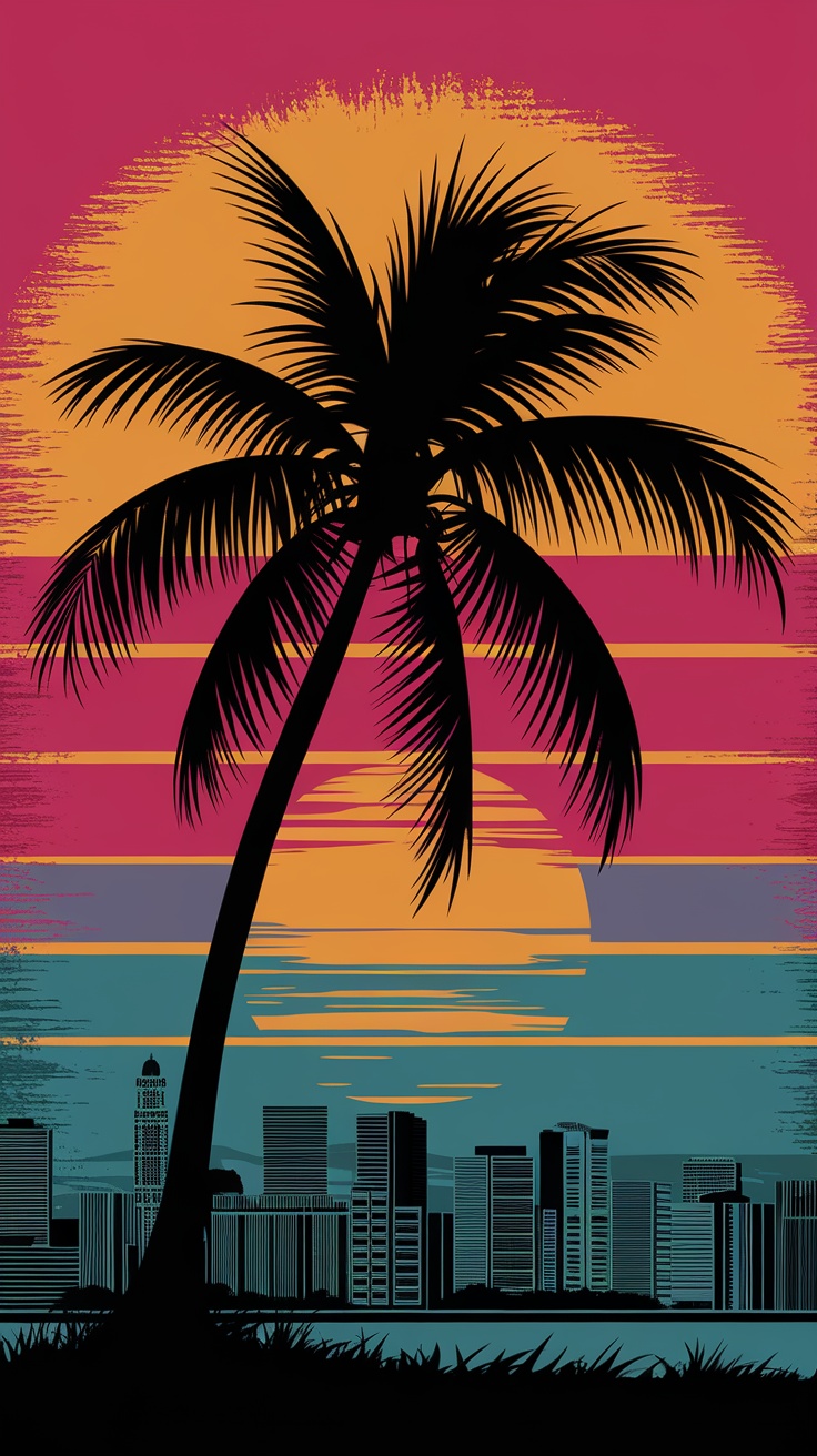 Palm tree silhouette against a colorful sunset with city skyline in the background.