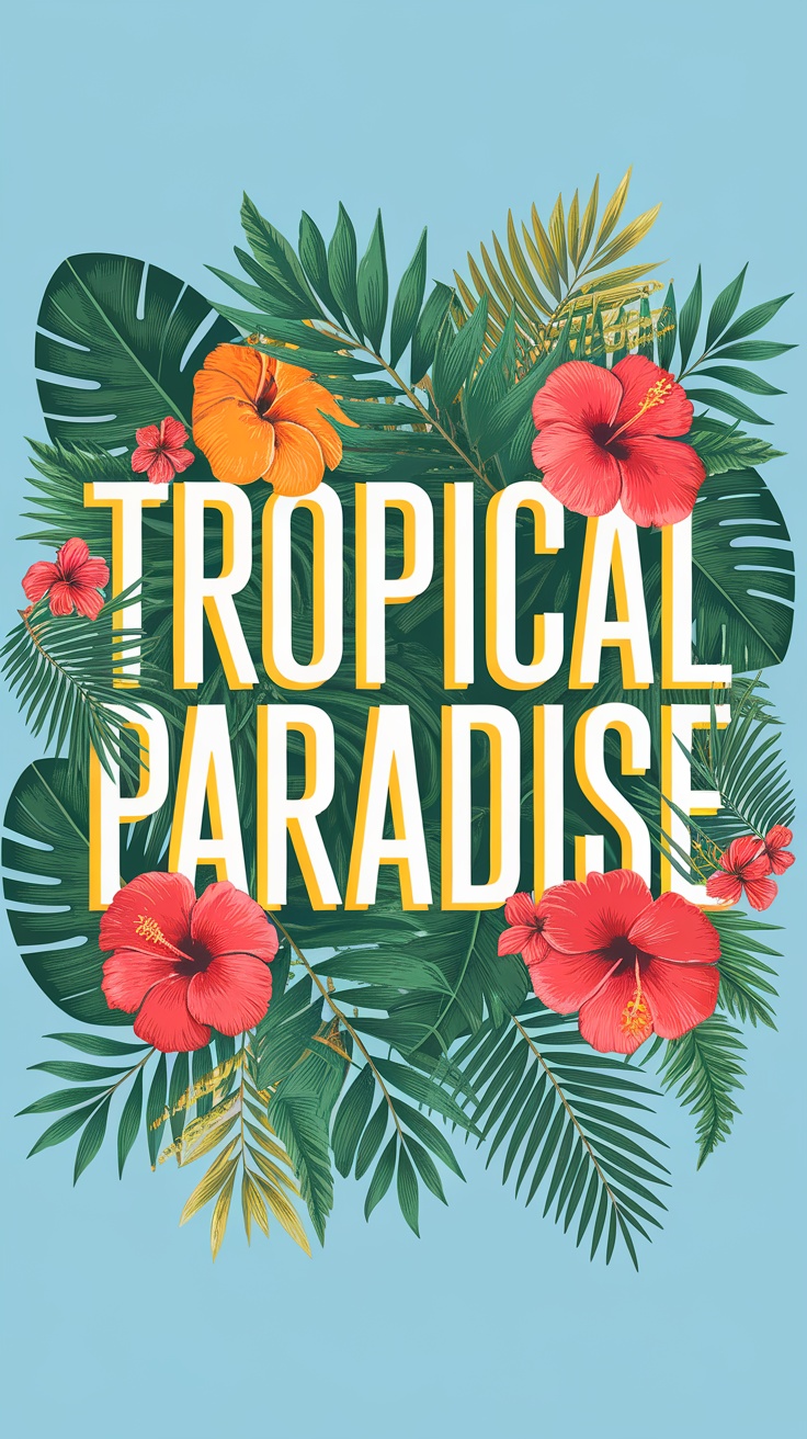 Tropical Paradise t-shirt design featuring colorful flowers and leaves