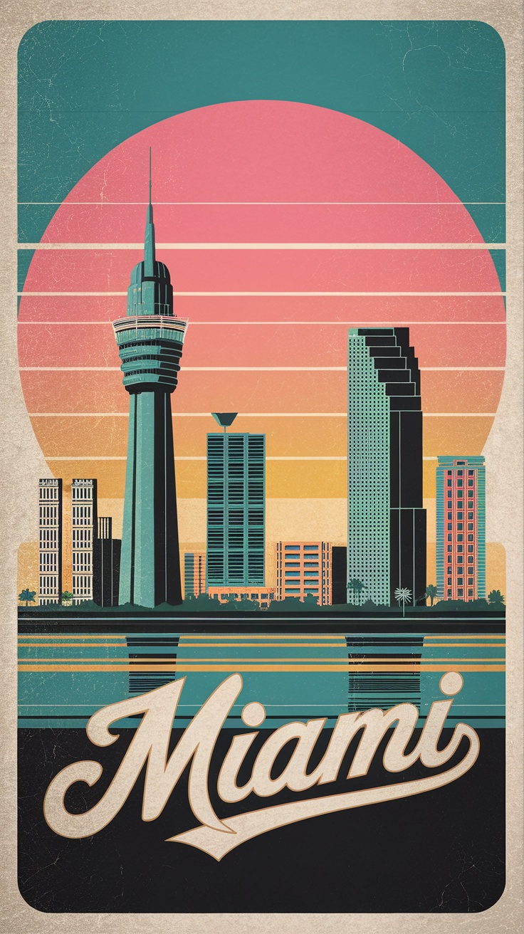 Vintage illustration of Miami skyline with colorful sunset