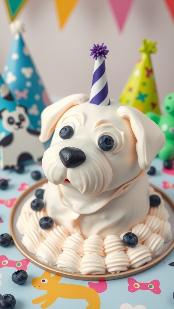 A beautifully decorated dog birthday cake shaped like a dog's head, adorned with blueberries and festively colored decorations.