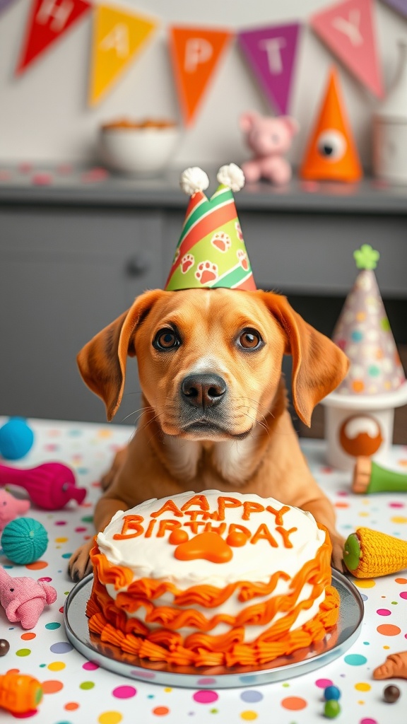A birthday celebration with a dog wearing a party hat and a decorated cake
