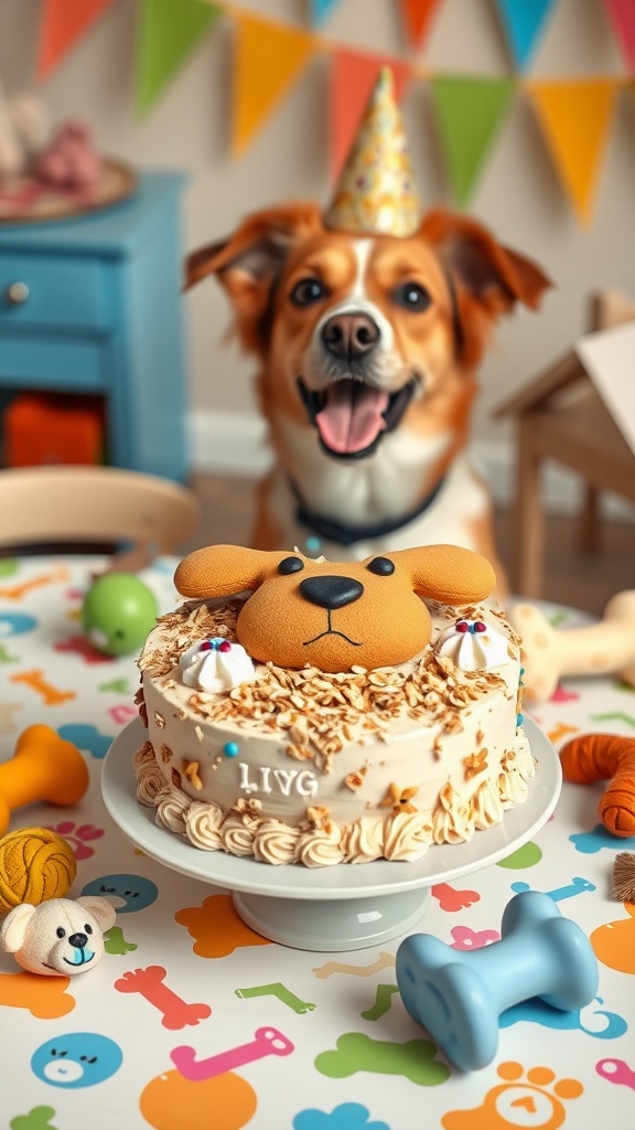 A cheerful dog in a party hat with a colorful dog birthday cake decorated with a dog face on top.