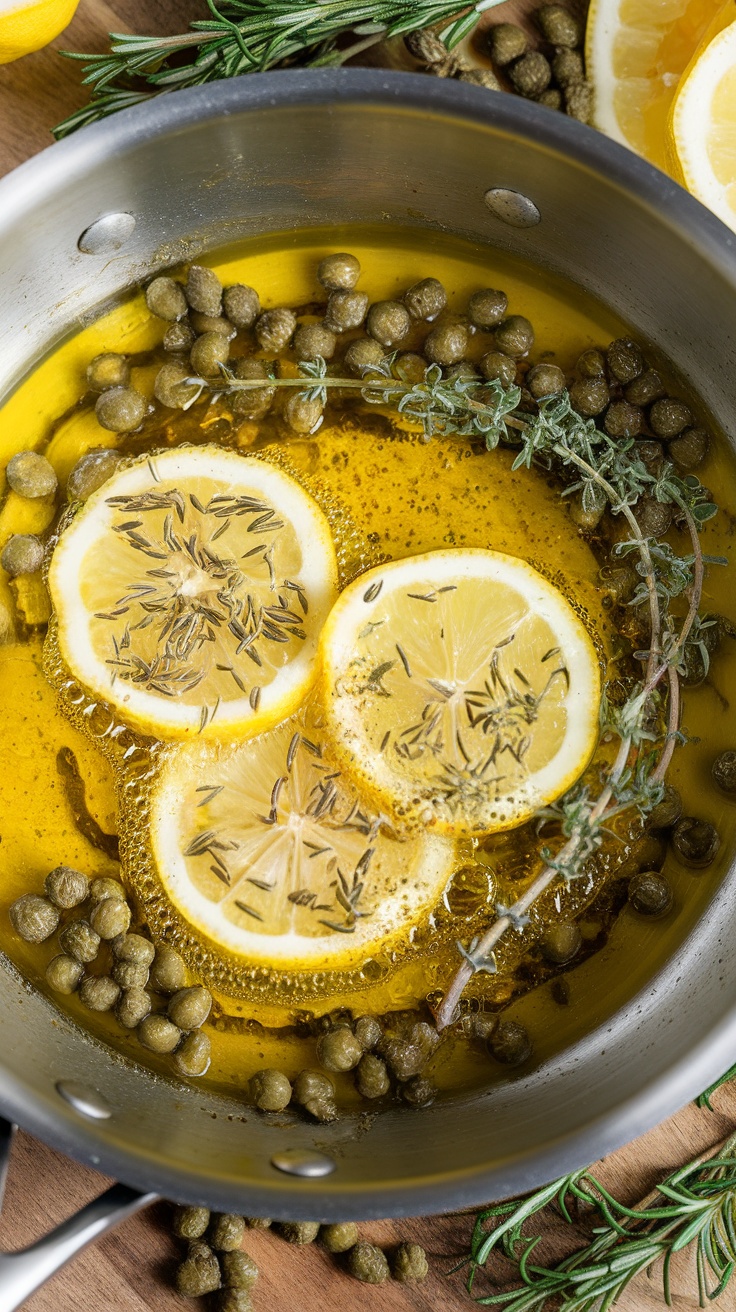 A close-up of a pot with lemon slices, capers, herbs, and oil, simmering to create a lemon garlic sauce.