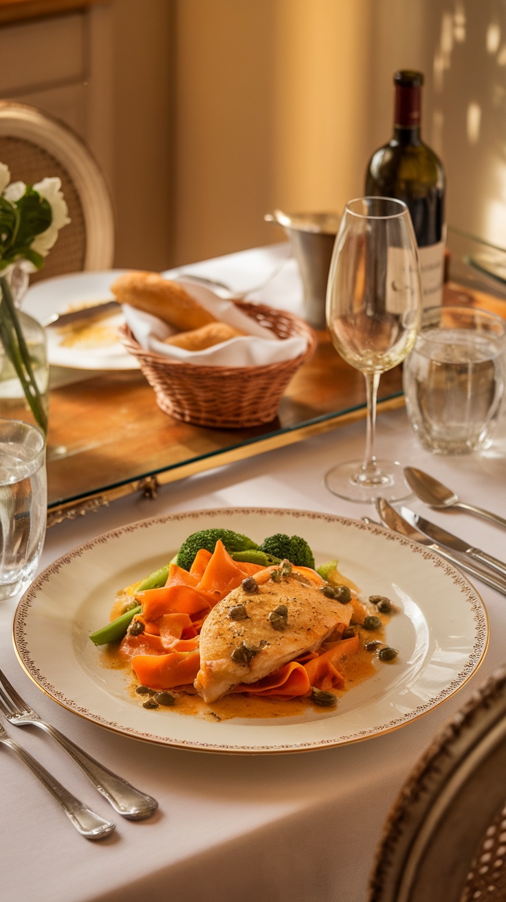 A plate of chicken piccata served with carrot ribbons and green vegetables.