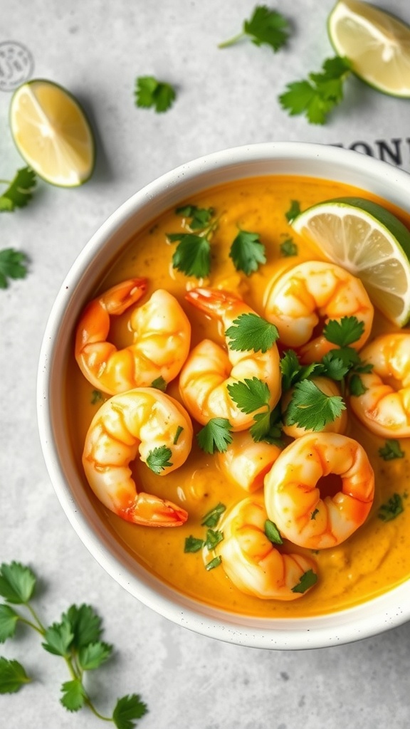 Bowl of creamy coconut curry shrimp garnished with cilantro and lime