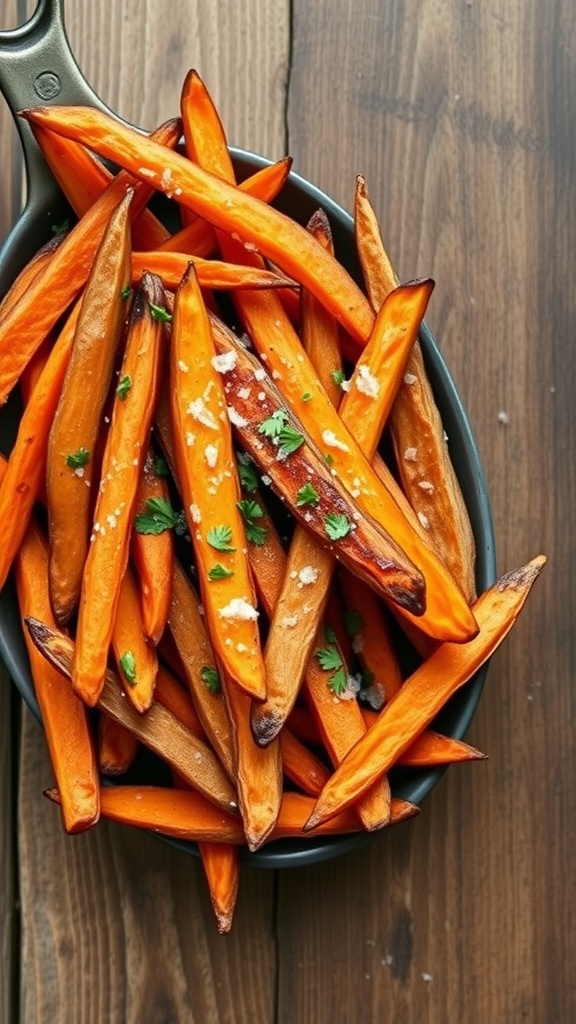 A bowl of crispy baked sweet potato fries garnished with herbs on a wooden table.