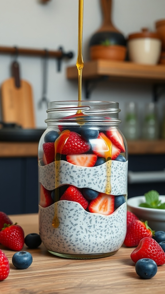 A jar of chia seed pudding layered with strawberries and blueberries, drizzled with honey.