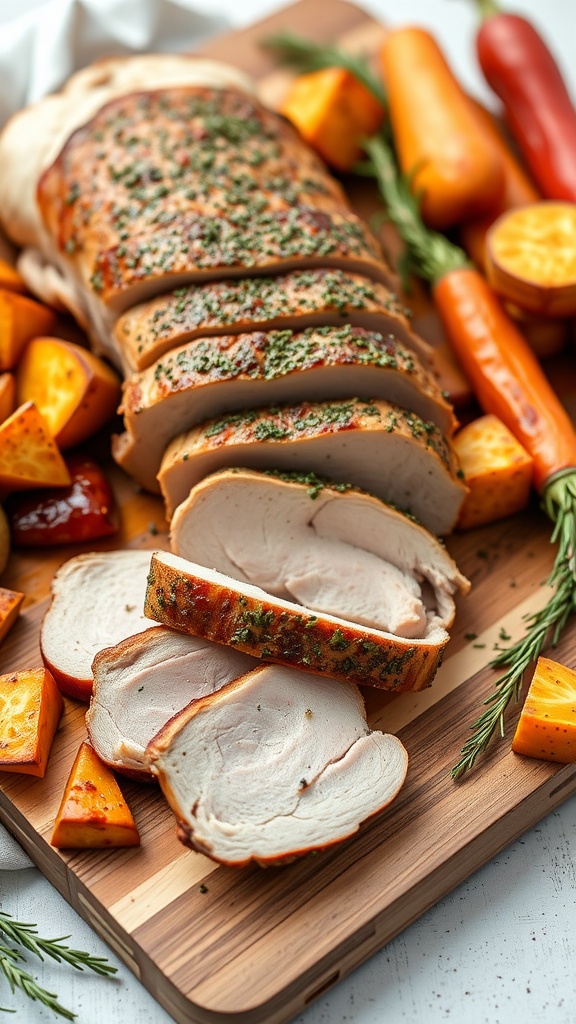 Sliced herb-roasted pork tenderloin surrounded by roasted vegetables on a wooden cutting board.