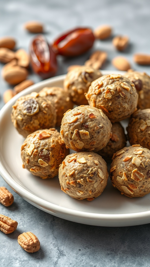 A plate of nutty energy bites made from oats and nuts, surrounded by almonds and dates.