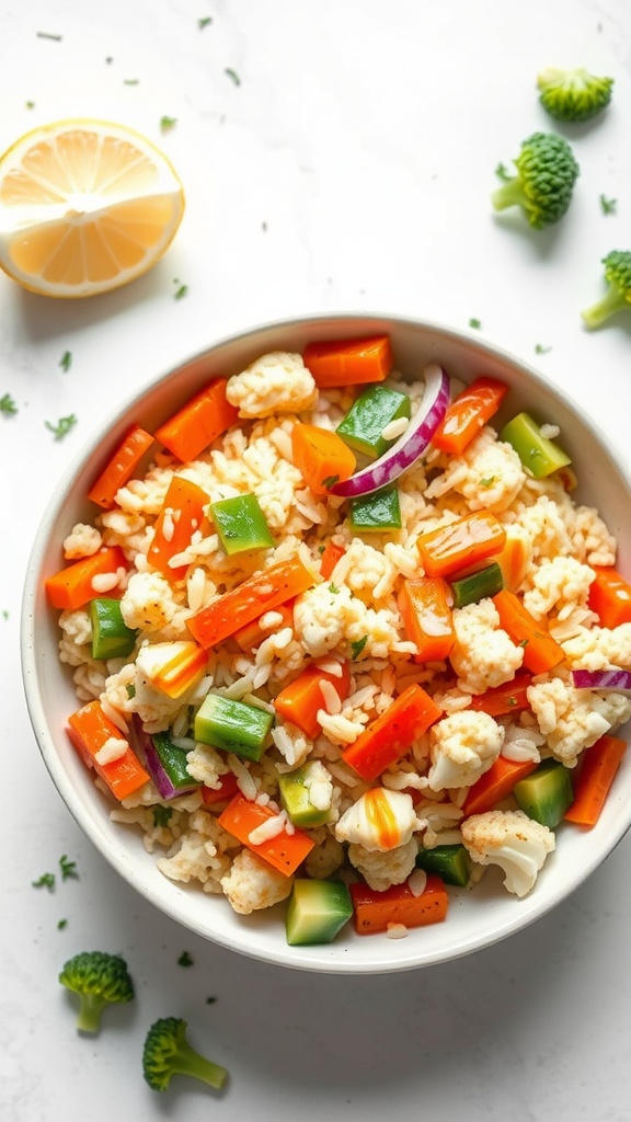 A bowl of colorful cauliflower rice stir-fry with bell peppers, broccoli, and lemon slices.