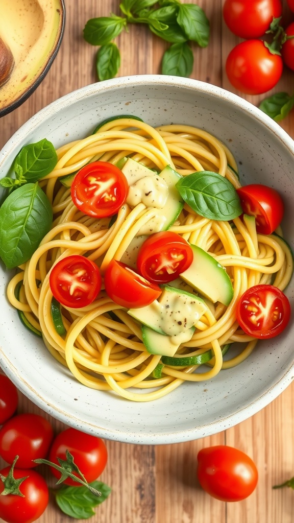 Bowl of spicy zucchini noodles topped with cherry tomatoes and avocado sauce, garnished with fresh basil