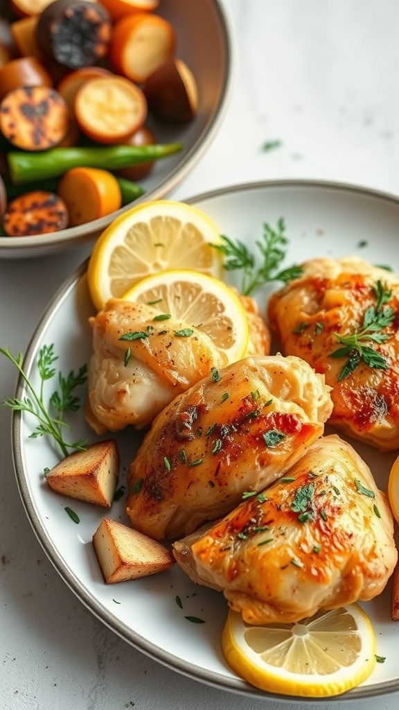 A plate of Zesty Lemon Garlic Chicken Thighs garnished with lemon slices and fresh herbs, alongside roasted vegetables.