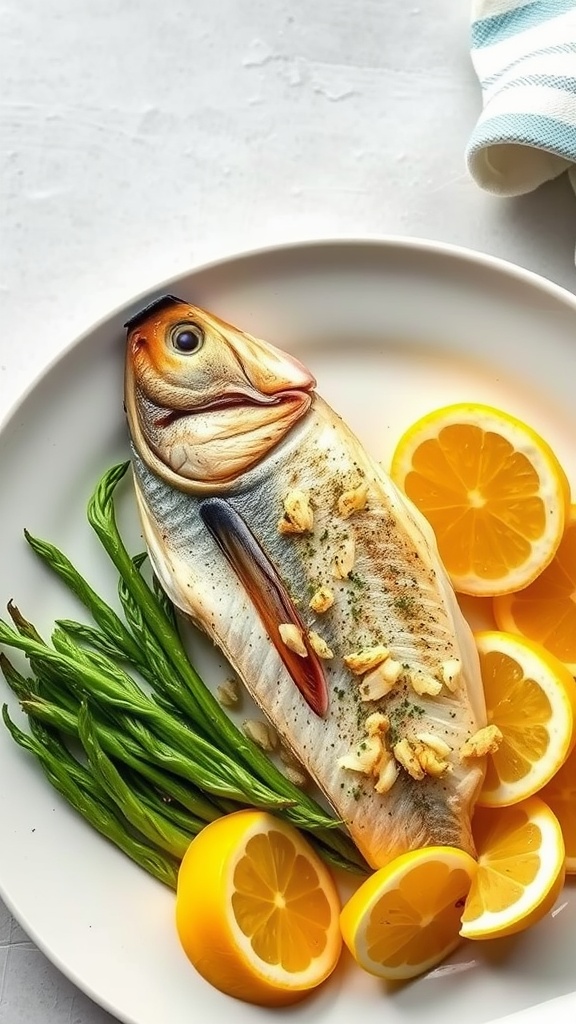 Bakt fisk med sitron og urter, servert med grønne bønner